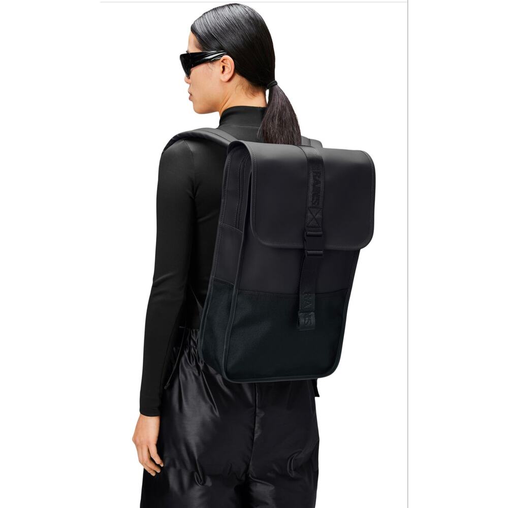 Authentic Rains Backpack – Black Waterproof PU, Flap with Zippered Closure